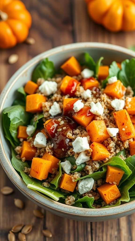 A colorful quinoa salad with roasted pumpkin, greens, and feta cheese in a rustic bowl on a wooden table.
